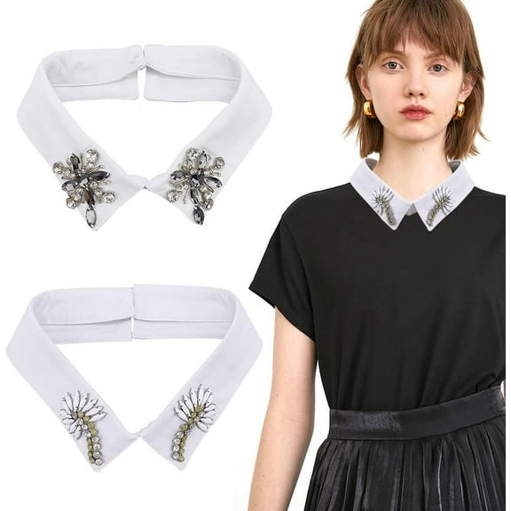 2 Pcs 2 Sizes White Cotton Detachable Blouse False Collar Lapel Blouse Collar Dickey Collar Half Shirt Collar with 2 Types Rhinestone Flower Choker Necklace for Women Girls