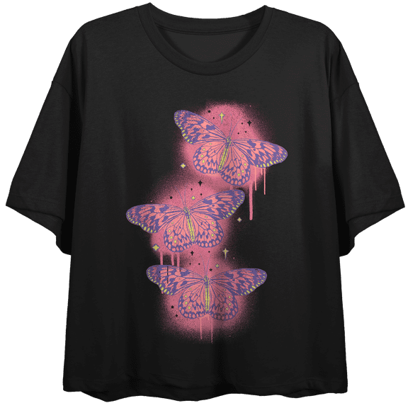 Spray Paint Butterfly Crew Neck Short Sleeve Women's Black Crop T-shirt-Medium