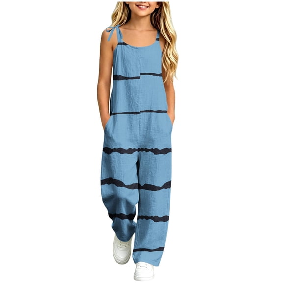 Girls Striped Printed Cami Jumpsuits Sleeveless Spaghetti Straps Jumpsuit Pants Casual Loose Trousers with Pockets Blue 7-8 Years