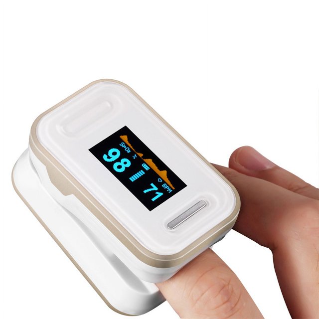 medidor de latidos del dedo, medidor de oxígeno en la sangre del dedo medidor de latidos del corazón medidor de oxígeno en la sangre portátil instalación sin esfuerzo Oximetro portátil de ABS en vista 3/4 con clip colocado en un dedo; pantalla OLED muestra SpO2 98 y pulso 71 con gráfico de pulso naranja, carcasa blanca con marco beige y botón lateral visible; fondo blanco. A menudo usado para comprobaciones rápidas en casa o durante viajes.