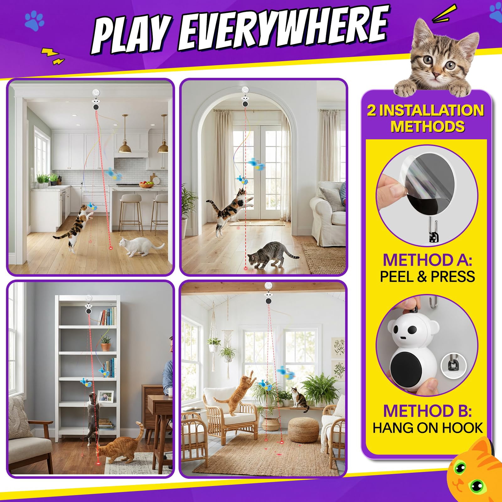 Interactive Cat Toys For Indoor Cats: 2 In 1 Pointer With Automatic Flying Bird & Mouse Wand  Smart Motion Mode Adjustable Speed Usb Rechargeable Safe Bored Kittens And Adult Cats