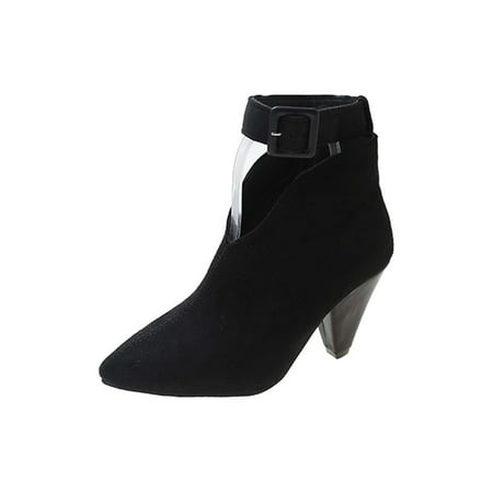 

Womens High Heels Comfortable Heels For Women Women s Fashion Flock Pointed Toe Booties Metal Buckle 8CM High Heels Shoes Black