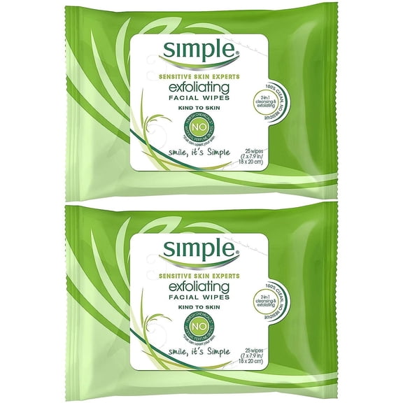 Simple Exfoliating Wipes, 25 Count Pack of 2