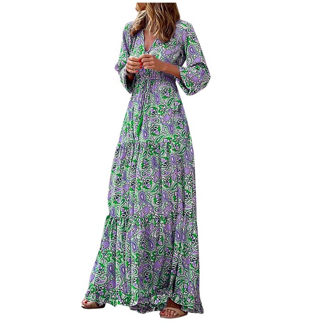 Vestidos Para Mujer Casual Maxi Vestidos Moda Manga Larga Estampado Cuello en V Cordón Vestido Largo Suelto Odeerbi ODB137149