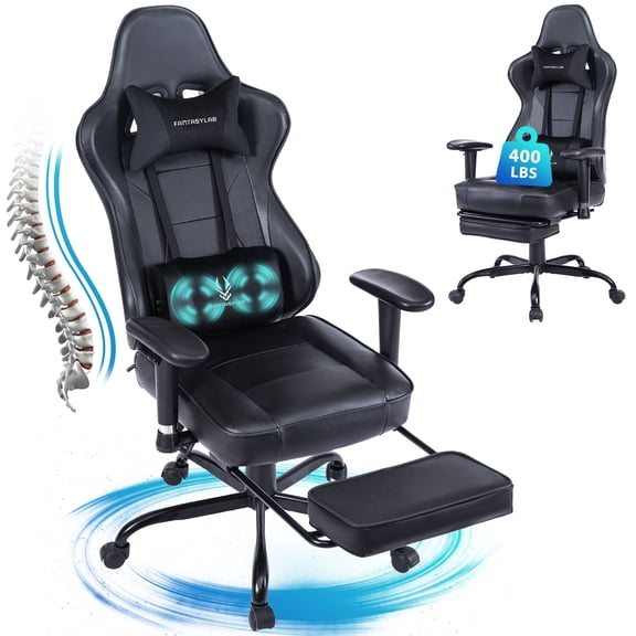 JONPONY Big and Tall Gaming Chair with Footrest 400lbs Massage Gamer Chair with Memory Foam Adjustable Tilt Back Angle & Armrest, High Back Leather Computer Office Chair，Black