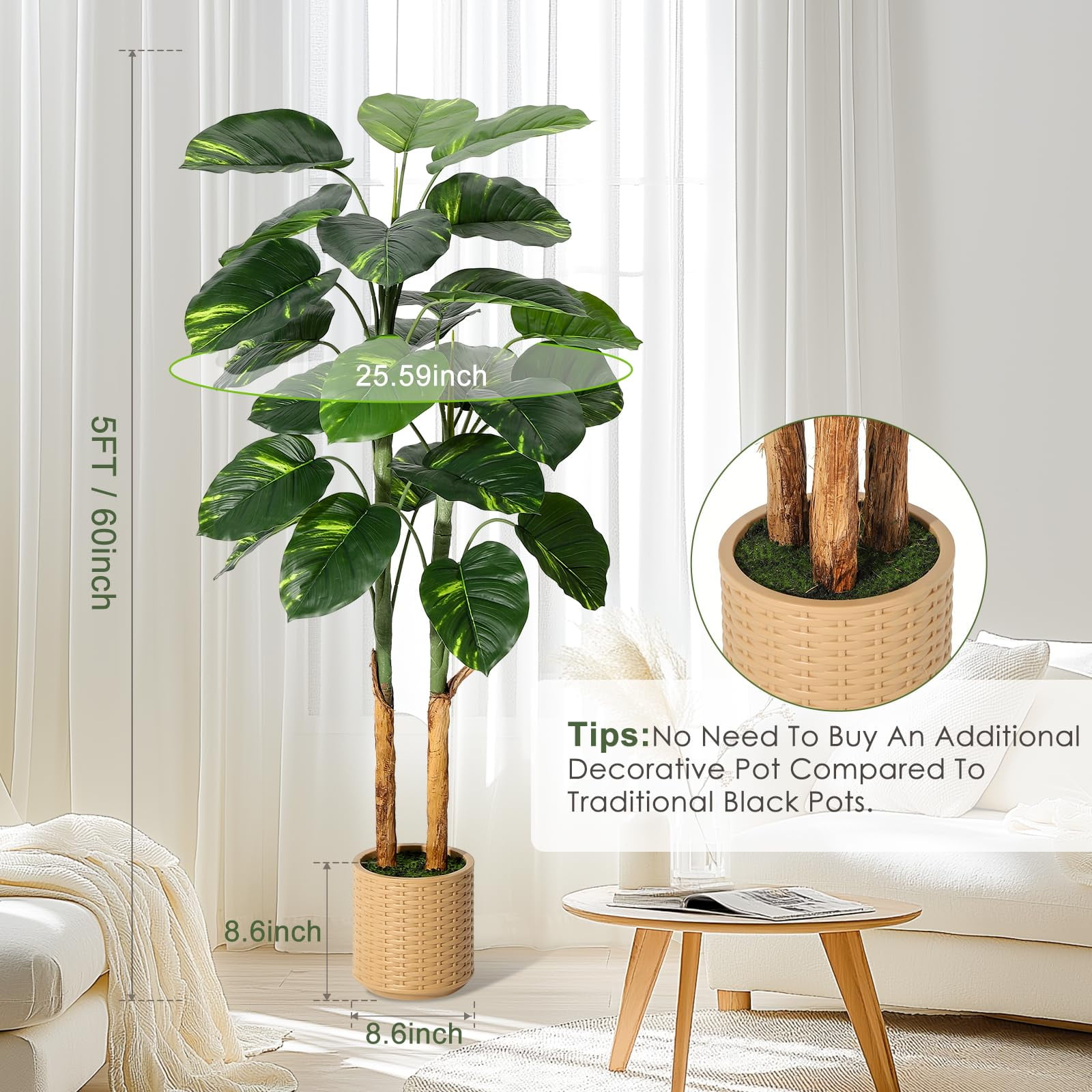 Huisuilinss Artificial Scindapsus Aureus Plant,Faux Golden Pothos Plant,Artificial Golden Dieffenbachia Floor Plants In Pot,Indoor Fake Tree For Home Office Garden Decor