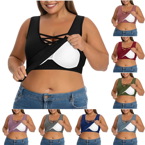 jobturf Shirts for Women Plus Size Tank Tops with Built in Bras Workout Yoga Basic Tees Summer Fashion Criss Cross Front Sleeveless Blouses L-5XL