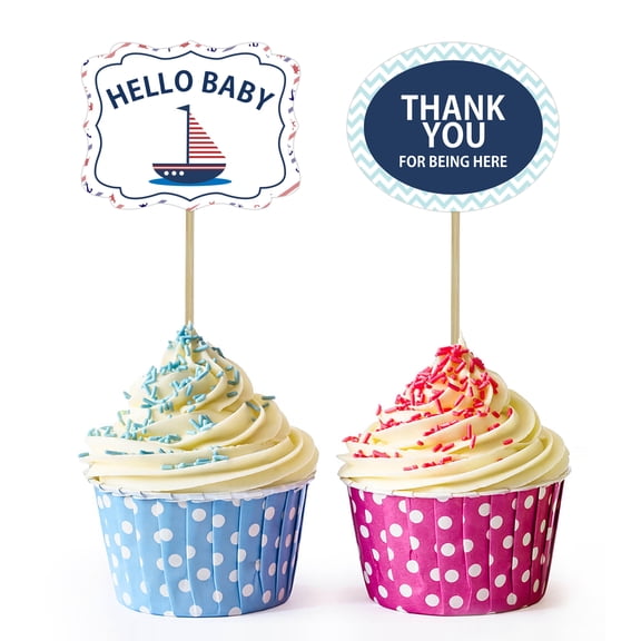 Inkdotpot Pirates Gender Reveal Baby Shower Party Collection, Pre-Assembled Double Sided Cupcake Topper Food Picks DIY Party Favors Kit, Pack of 30