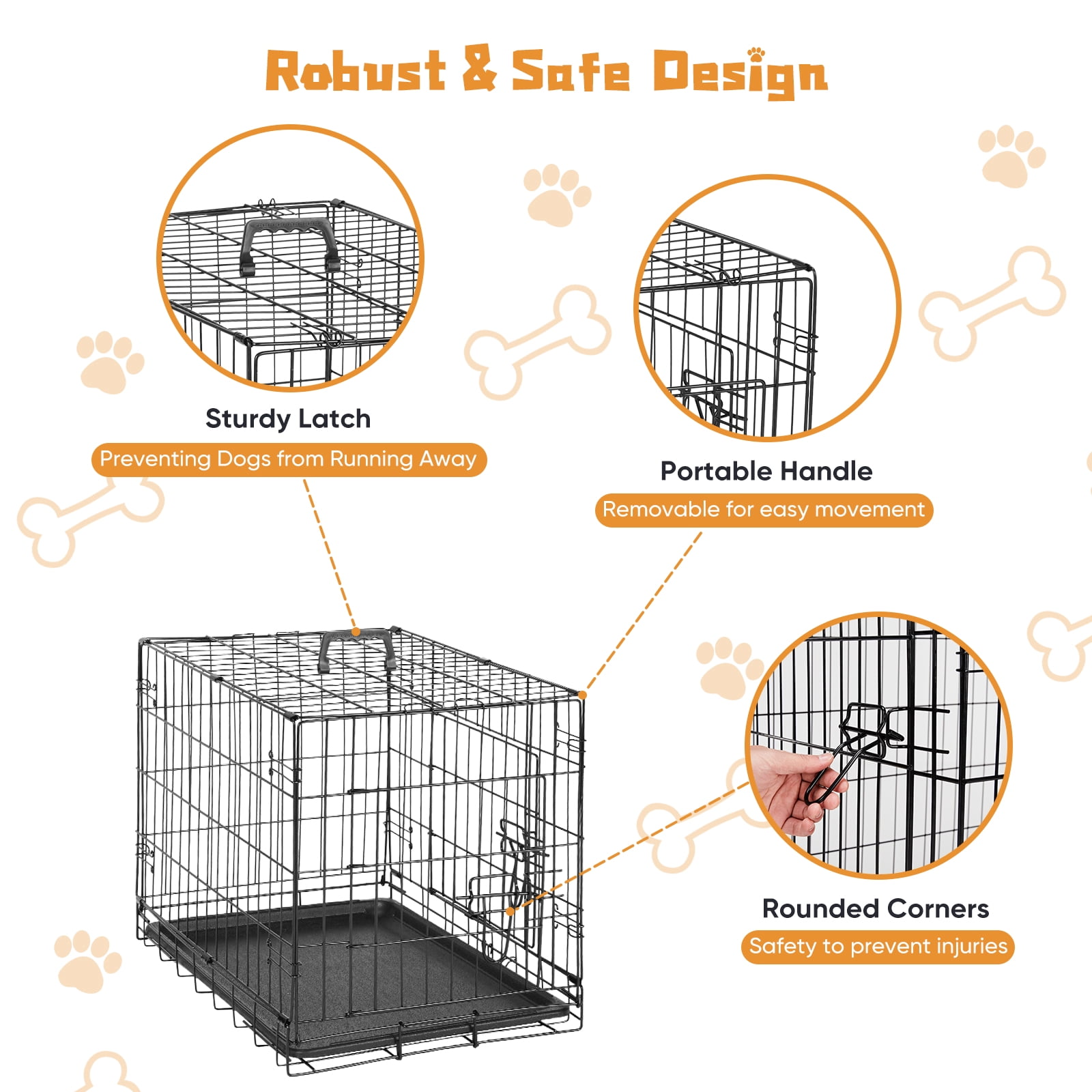 EDX Small Dog Crate with Divider Panel, 24" Double Door Folding Metal Wire Dog Cage with Plastic Leak-Proof Pan Tray