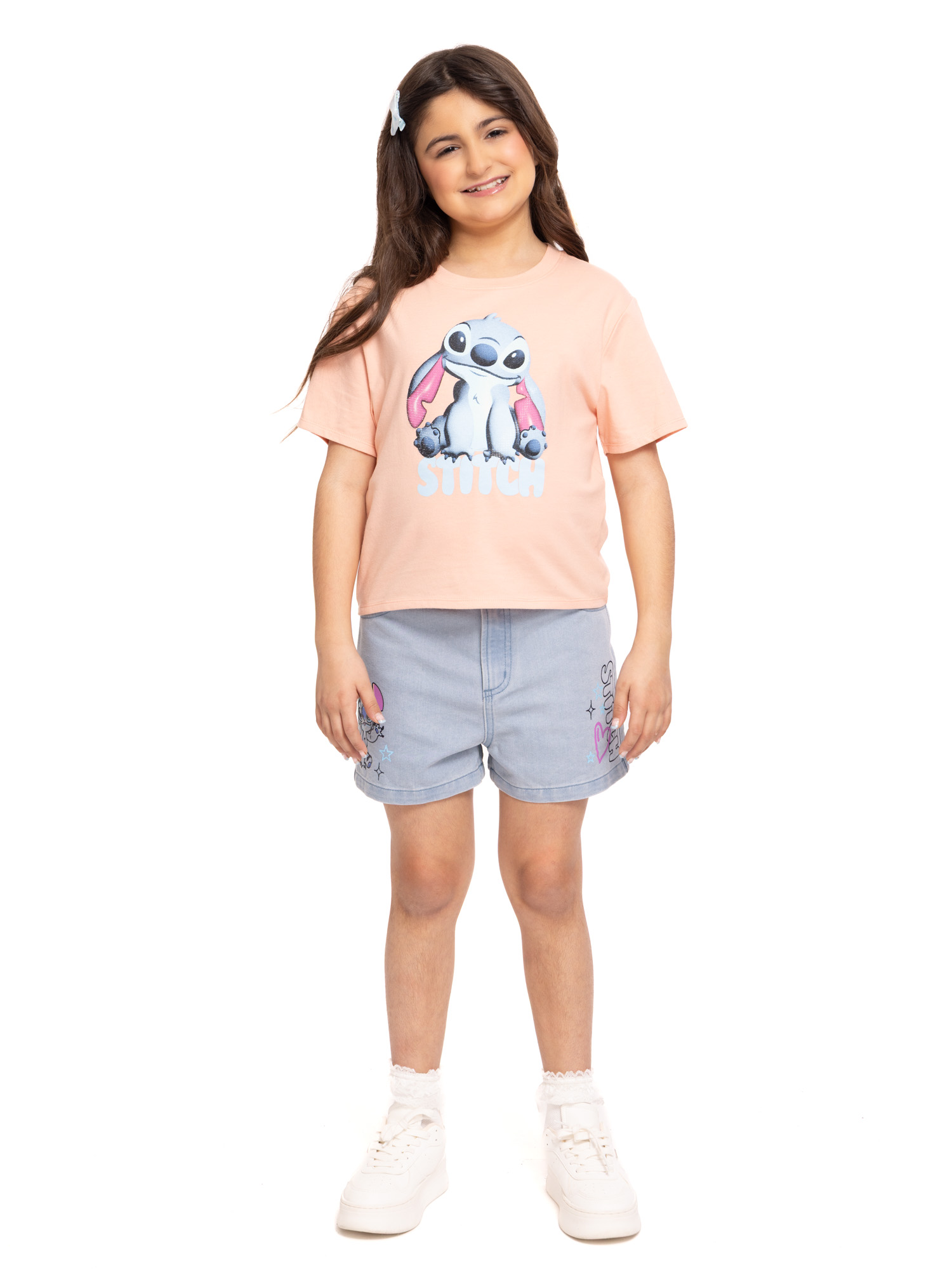 Stitch Girls Graphic Print Denim Shorts, Sizes 4-16