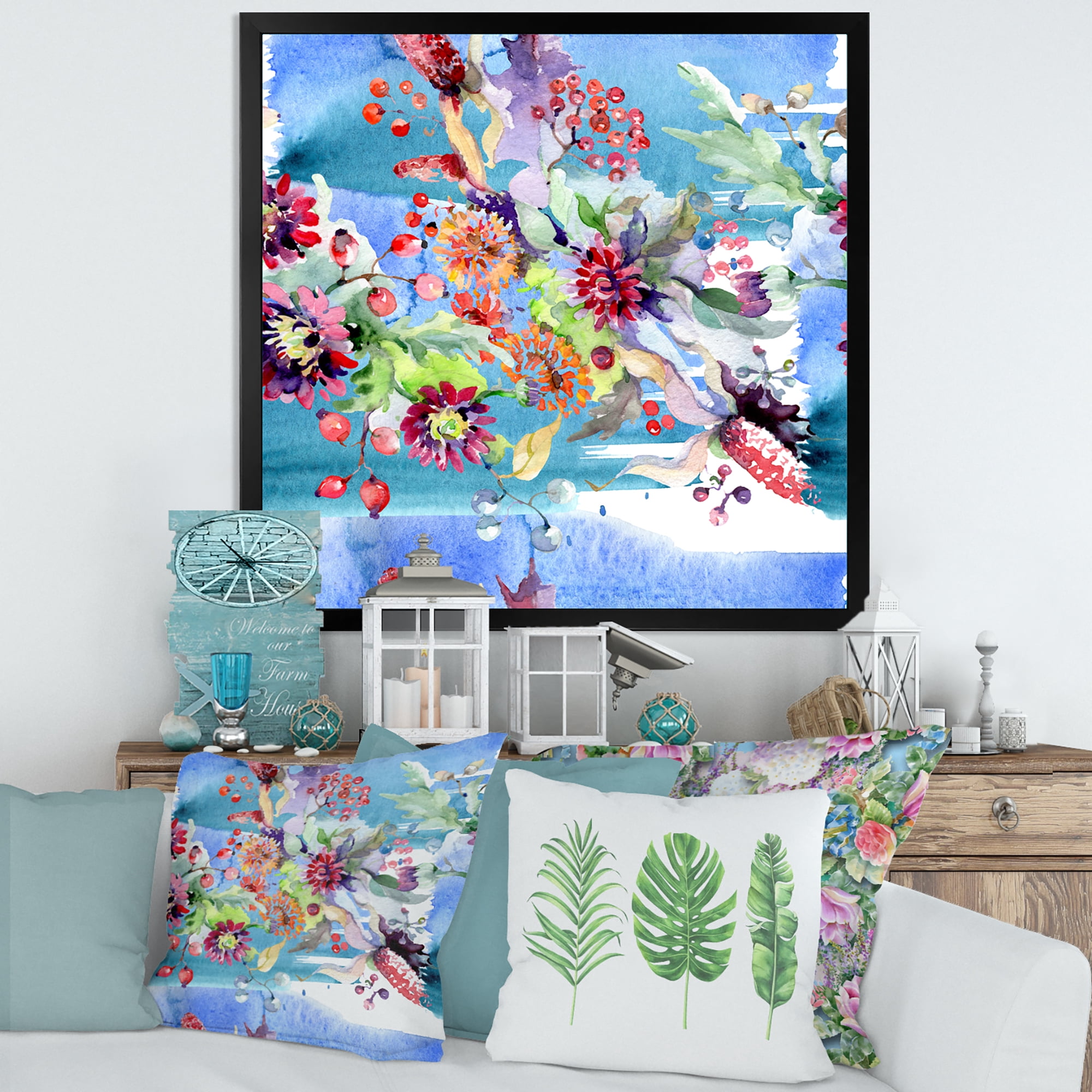 Wildflowers and Vibrant Wild Spring Leaves XIII 30 in x 30 in Framed Painting Canvas Art Print, by Designart
