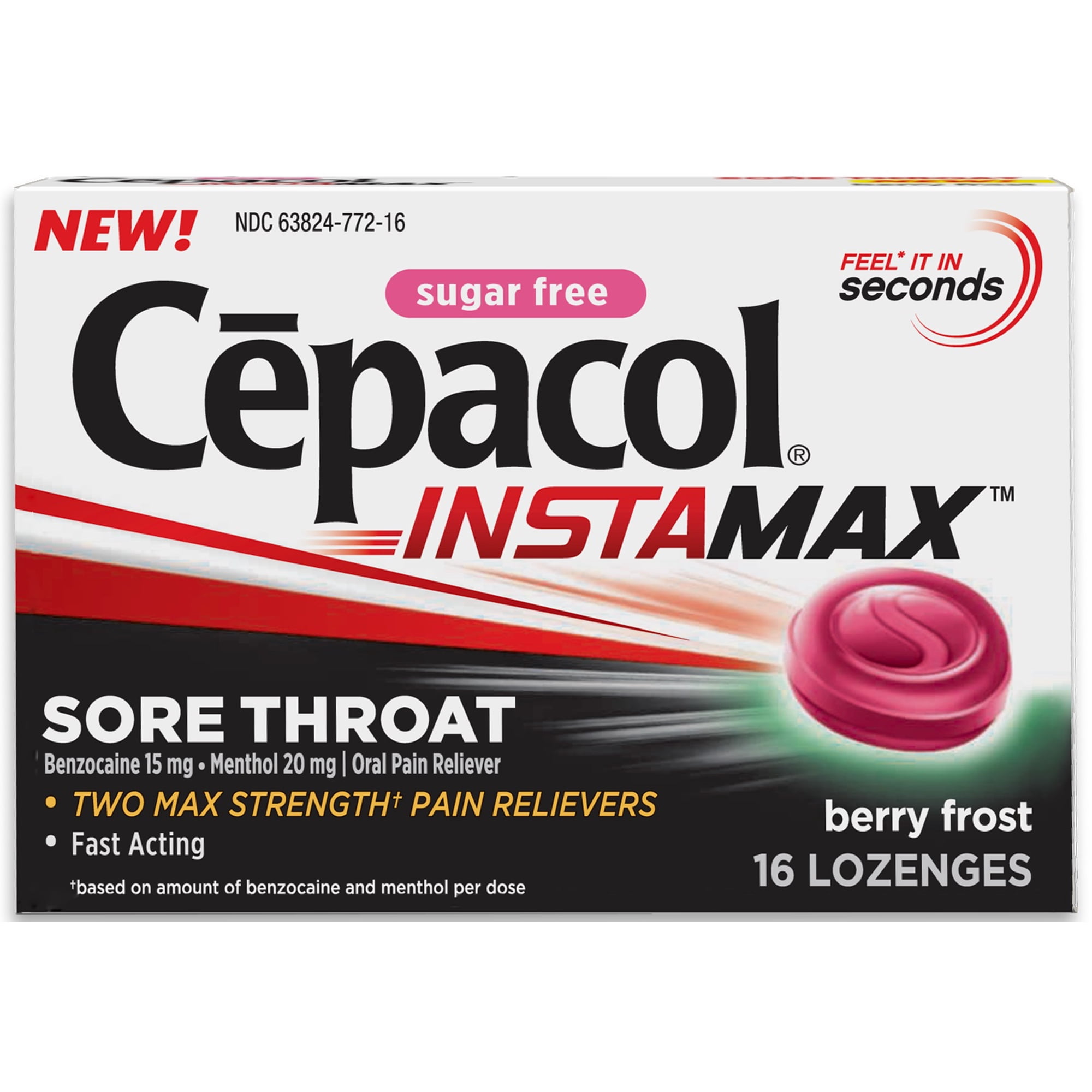 Cepacol InstaMax Sugar Free Sore Throat & Cough Drop Lozenges, Berry Frost (16ct)