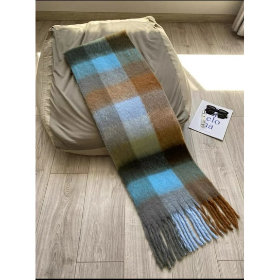 Zhuge Plaid Scarf for Women Chunky Scarves Winter Warm Thick Oversized Blanket Scarf，AC Blue Brown