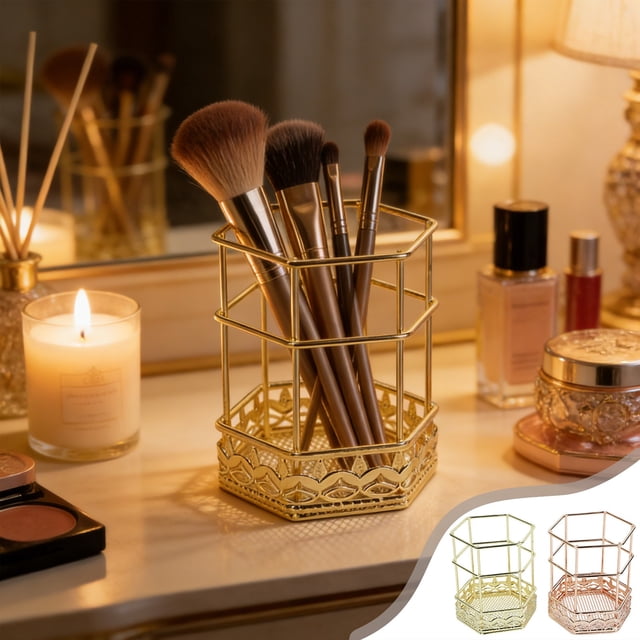 Portaplumas de metal dorado para escritorio, vaso organizador de brochas de maquillaje, portalápices de alambre para material de oficina, contenedor de almacenamiento para casa y oficina