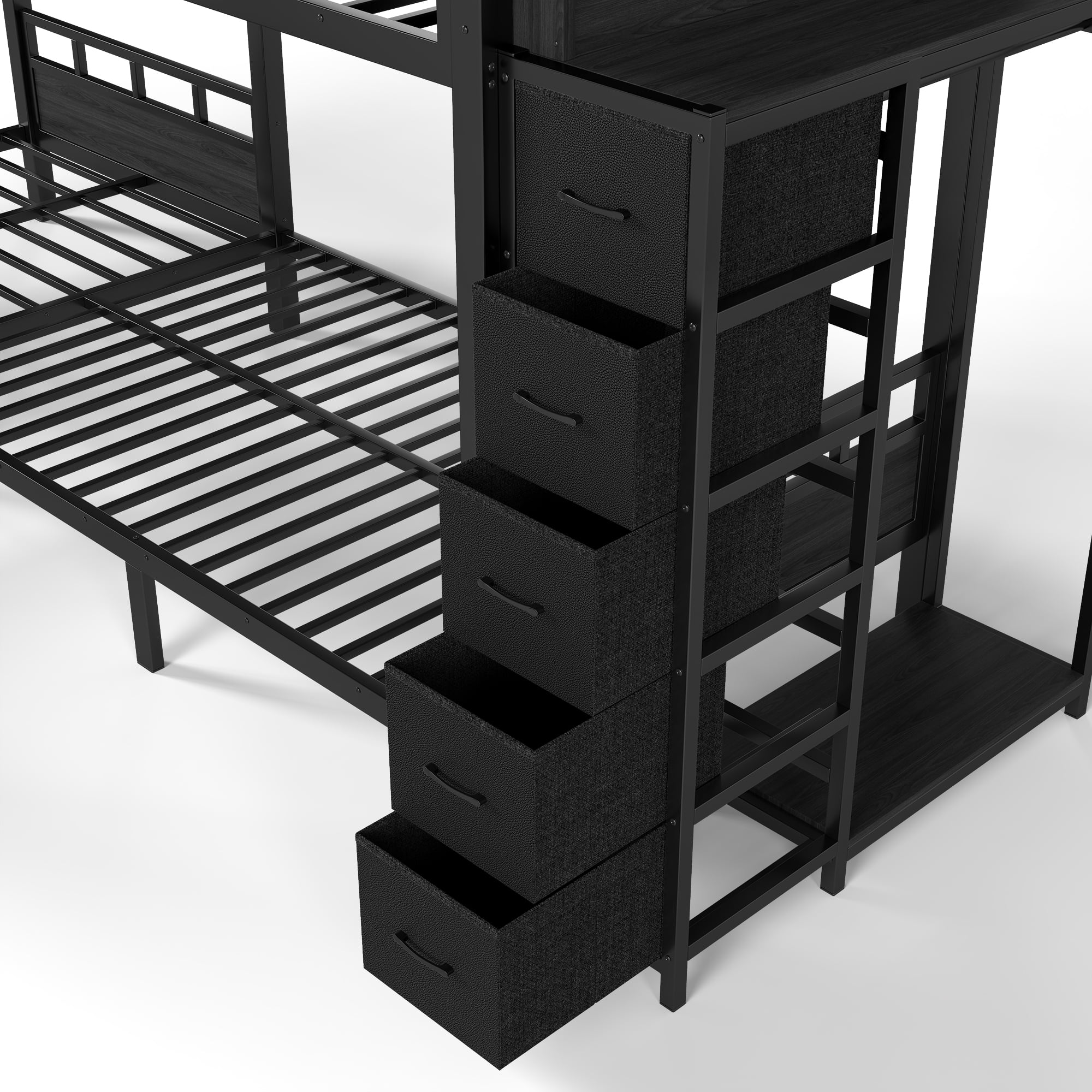 GARITIN Quad Twin Metal Bunk Bed 129.53 Inch, 4 Twin Bed Frame with Storage Drawers and Wardrobe for Kids Room, Black