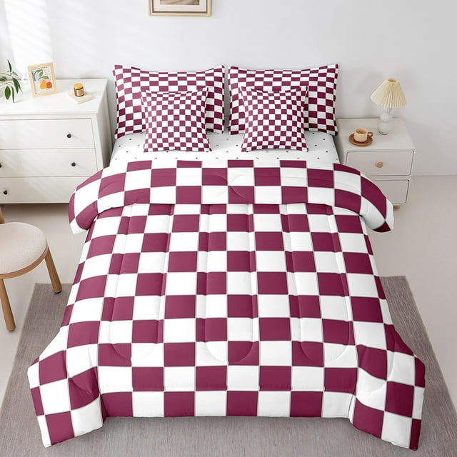 Erosebridal Burgundy Check Plaid Queen Comforter Set With Sheets 7 Piece White Red Checkerboard Bedding Set,Checkered Grid Bed In A Bag For Kids Teen Adults Aesthetic Geometric Bed Set
