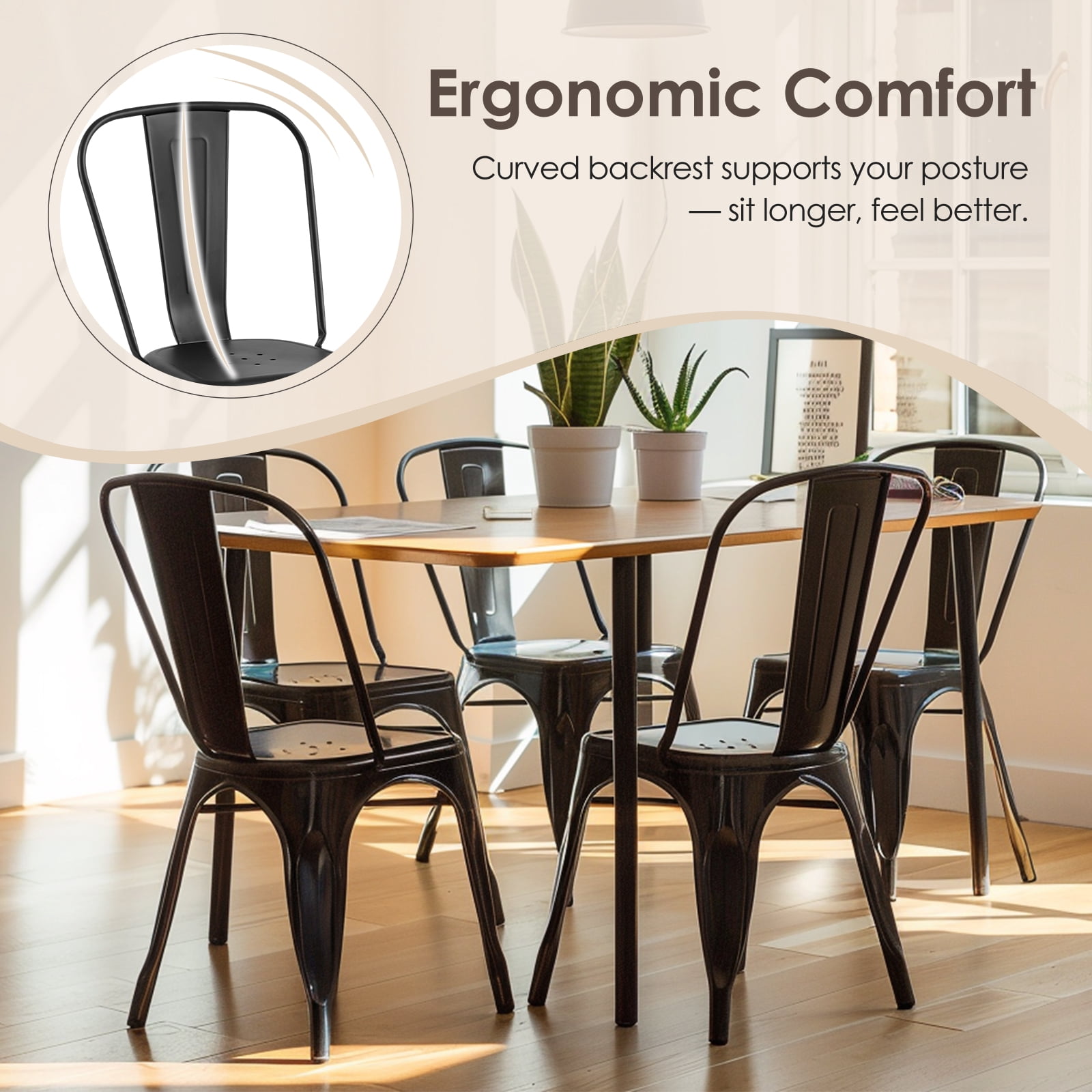 Rivbuio Heavy Duty Metal Dining Chairs Set of 2, Stackable Tolix Style with X-Brace, Commercial Bistro Chair for Restaurant/Kitchen/Patio - Gloss Black