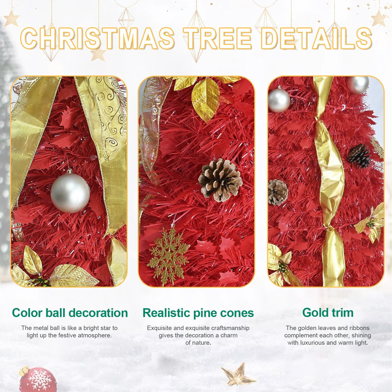 Alvantor 6FT Pop-Up Christmas Tree with 150 White LED Lights & Ornaments for Indoor Holiday Decoration Red
