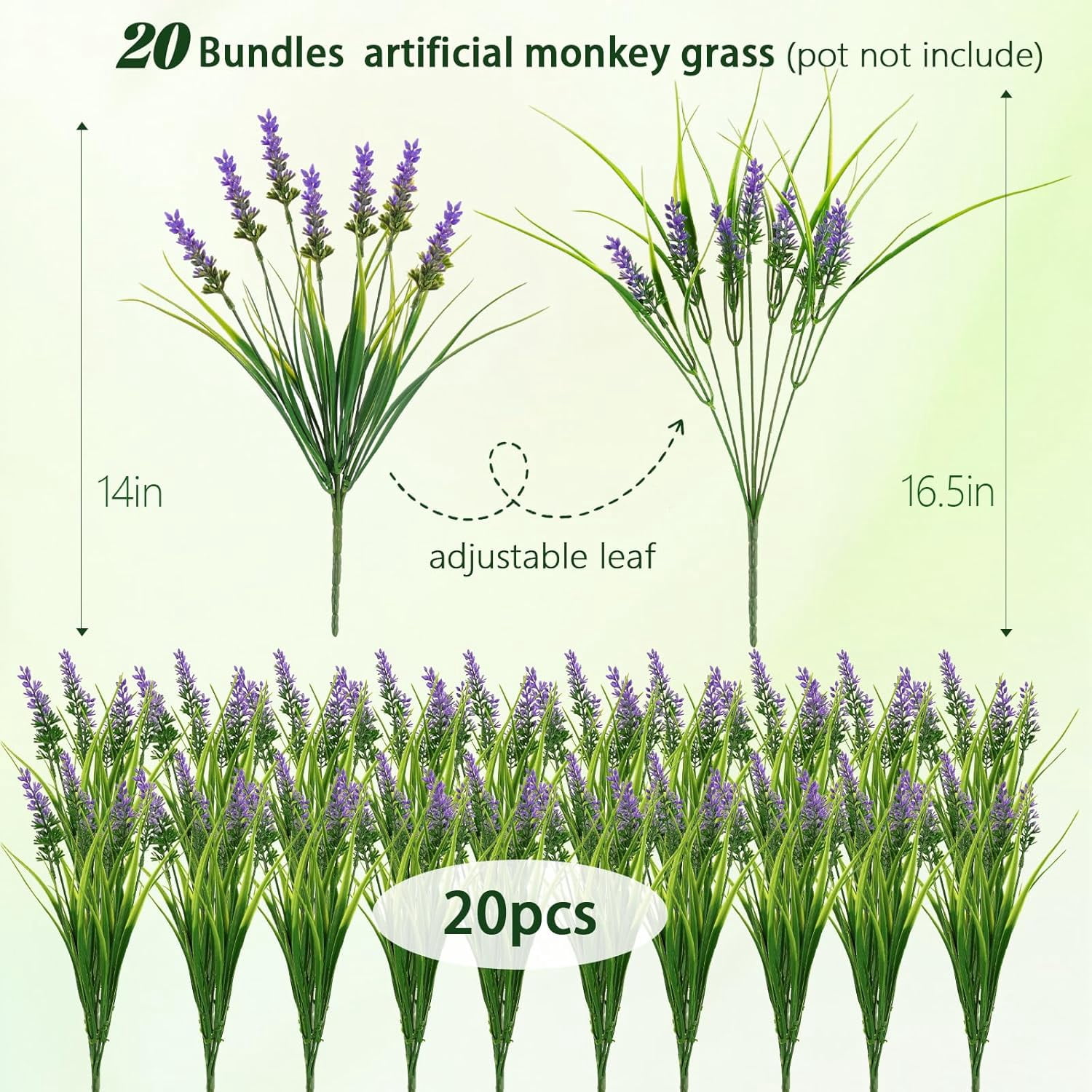 N&T NIETING Artificial Plants Outdoor, 20 Bundles Fake Monkey Grass with Spring Flowers, UV Resistant Faux Plants for Garden Window Office Patio Hanging Planter Pathway Front Porch Home(Purple)