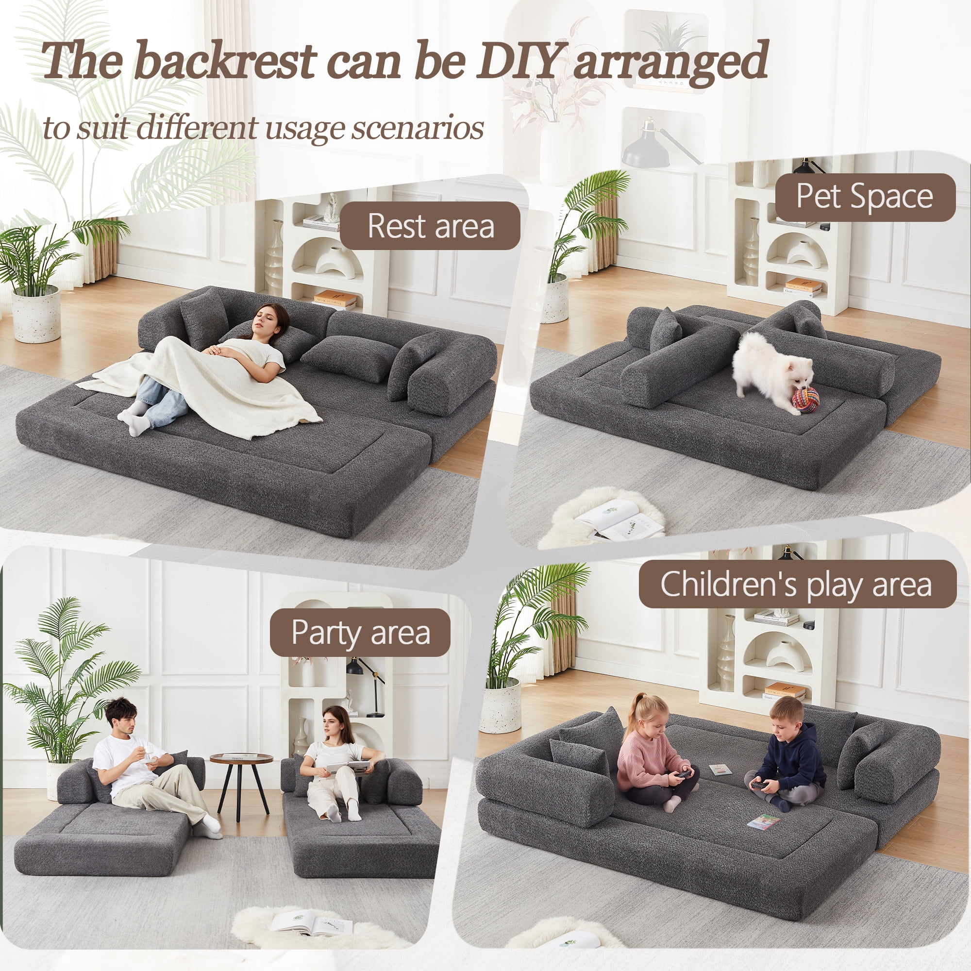 78.9inch Convertible Sleeper Sofa,Chenille Folding Mattress Sofa with DIY Removable Armrests,Floor Standing Lounge Sofa for Living Room Bedroom Small Space,Grey