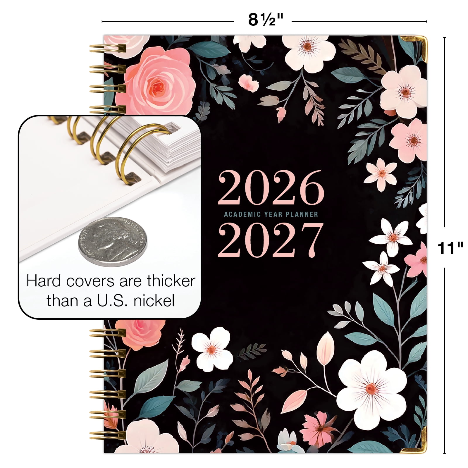 2026-2027 Excello Brands 8.5" x 11" Academic Year Hardcover Fashion Planner, Weekly/Monthly, 14 Month, Black Floral Pink