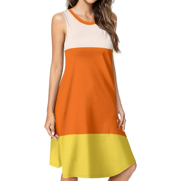 Candy Corn Pattern Spring Summer Dresses for Women Fashion T-shirt Dress Casual Sleeveless Loose Sundress with Pockets