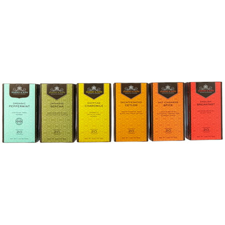 Harney & Sons Variety Pack Premium Tea Bags, 6 Flavors, 20 Tea Bags Each, (Egyptian Chamomile, English Breakfast, Hot Cinnamon Spice, Organic Peppermint, Japanese Sencha, Decaffeinated Ceylon