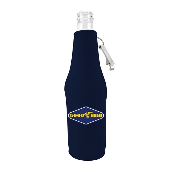 Good Beer Neoprene Beer Bottle Coolie, Optional Bottle Opener on Zipper (Navy w/Opener)