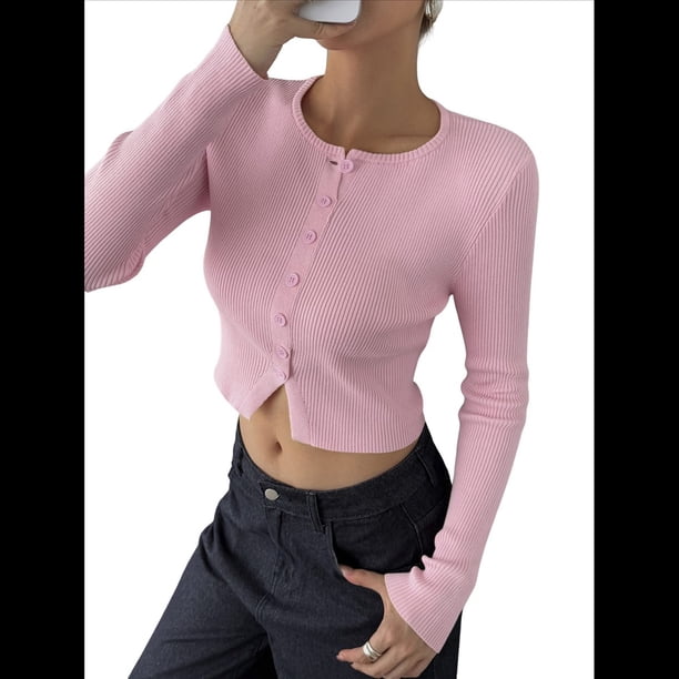 Blusa de Larga para Mujer, Cárdigan de Otoño, Camisa Corta con Cuello Abotonado Acanalado, Moda. Rosa XL