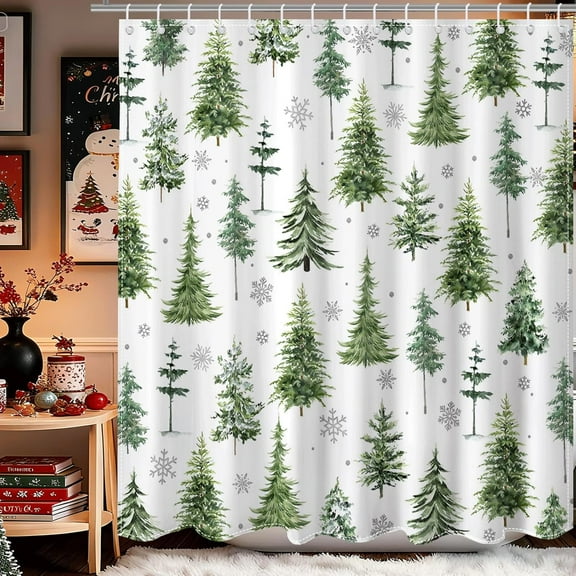 Christmas Pine Tree Shower Curtain Christmas Tree Bathroom Curtain Winter Forest Snowflake Holiday Farmhouse Bathroom Decor for Bathtub Curtain with Hooks 60x72 inch