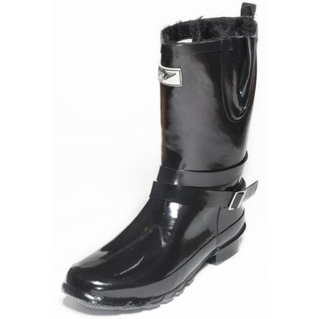 

Forever Young Women s Black Rubber/Faux-fur Lined 11-inch Mid-calf Rain Boots with Straps 9