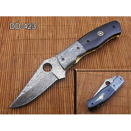 7.5 folding knife Damascus steel blade with finger hole Natural Bull horn scale with Damascus Bolster Equipped with Liner lock comes with Cow hide Leather sheath