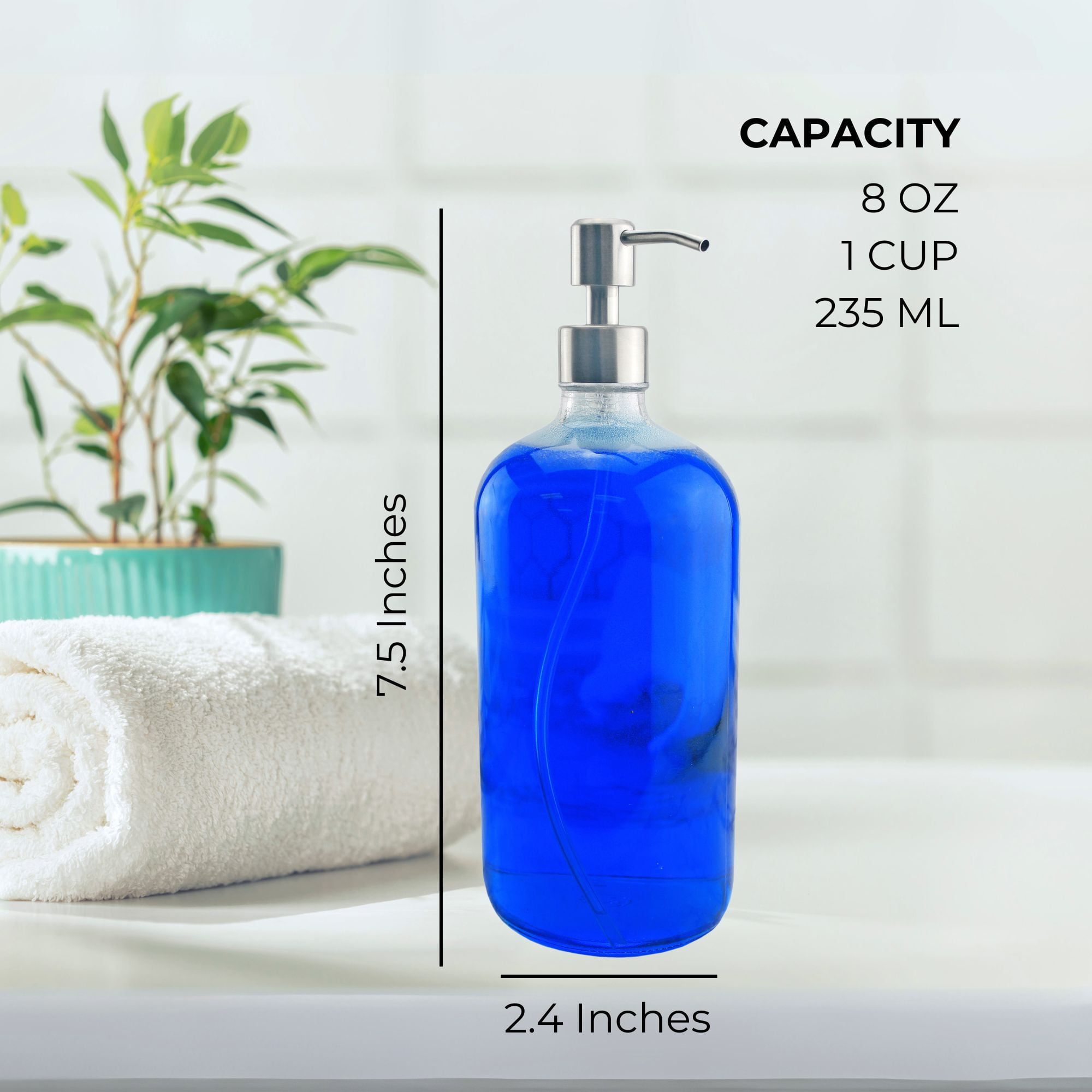 Cornucopia Brands 8oz Clear Glass Bottles w/ Stainless Steel Lotion Pumps (4-Pack); Liquid Soap & Lotion Pump Dispensers