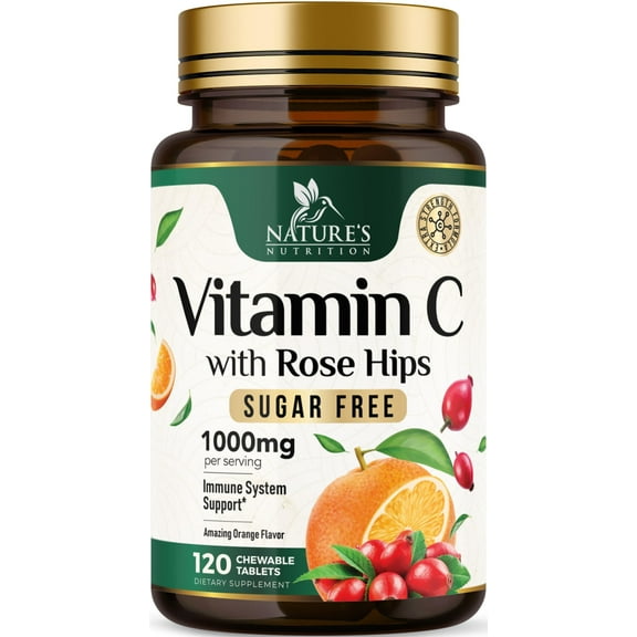 Vitamin C Chewable 1000mg, Extra Strength Antioxidants for Powerful Immune Support w/Vitamin C & Rose HIPS - Potent Dietary VIT C Chews Supplement, Natural Orange Flavor, Vegan, Non-GMO - 120 Tablets
