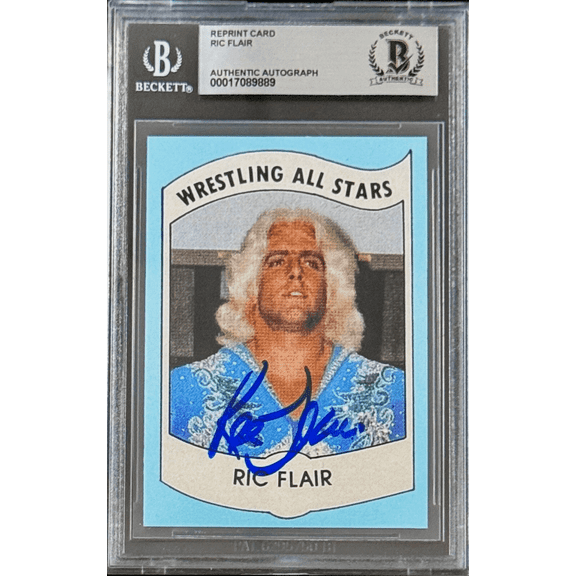 Ric Flair Signed 1982 PWE Wrestling All Stars Series REPRINT Card 27 BAS17089889