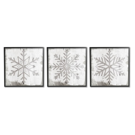 Seasonal Winter Snowflake Snow Shapes Holiday Graphic Art Black Framed Art Print Wall Art, Set of 3