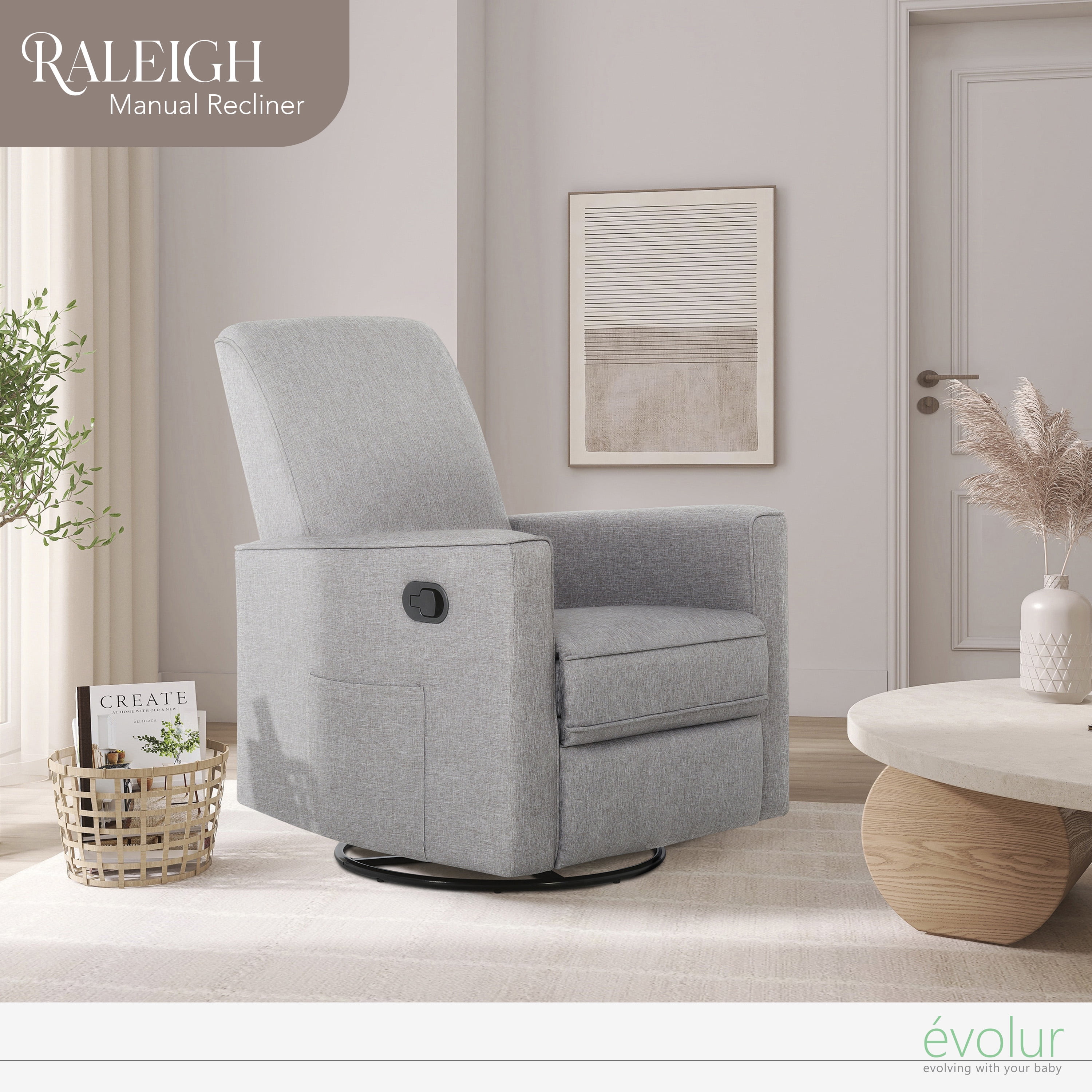 Evolur Raleigh Nursery Glider Recliner and Rocking Chair in Light Gray, 360° Swivel Motion, Multiple Recline Positions, Easy to Clean, FSC and Greenguard Gold Certified