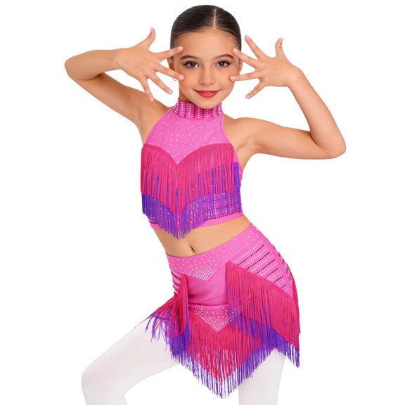YiZYiF Kids Girls Latin Dance Dress Rhinestone Fringe Crop Top and Tassel Skirt Ballroom Tango Jazz Dance Outfit Hot Pink 12