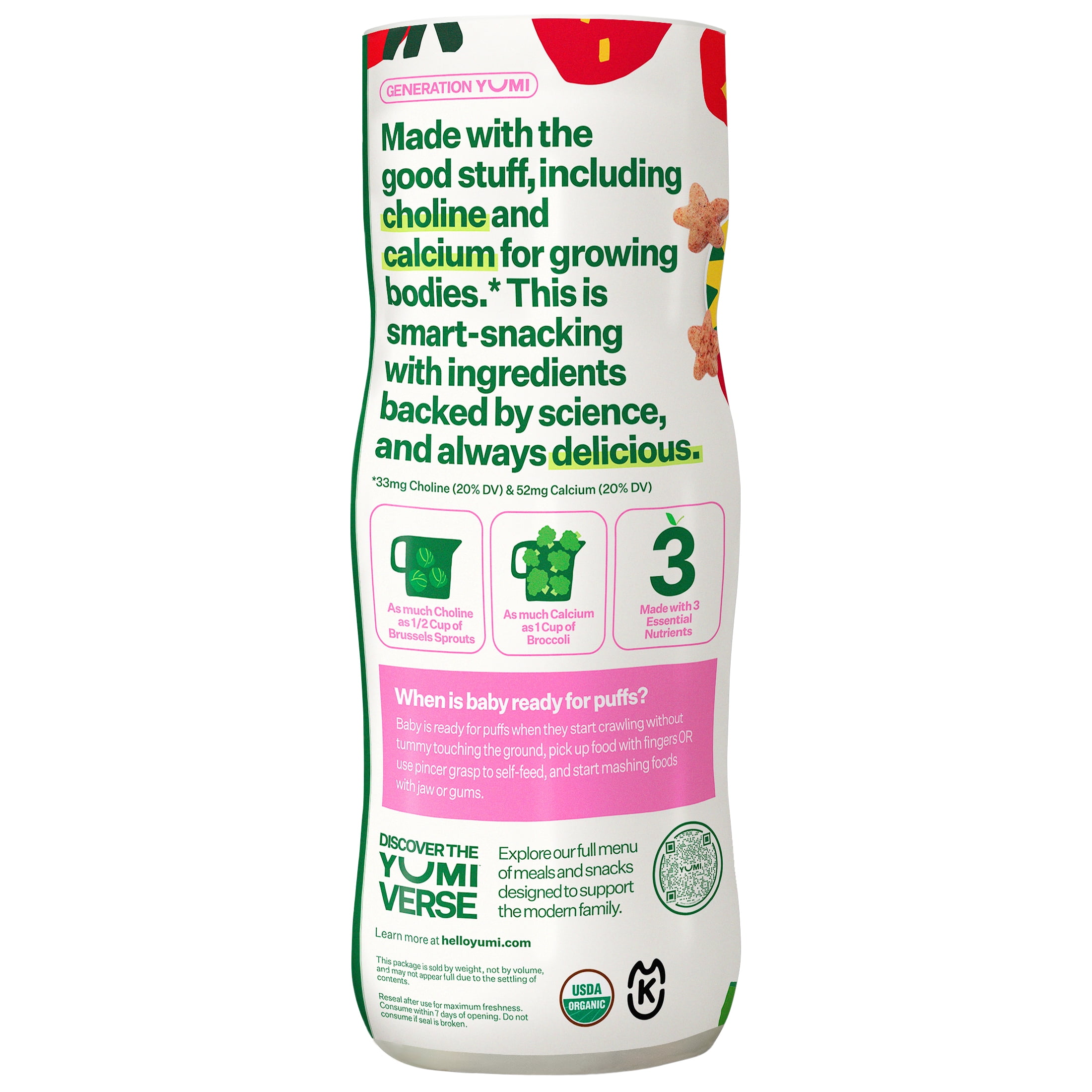 (6 pack) YUMI Organic Stage 3 Strawberry & Basil Puffs, 1.5 oz/cannister