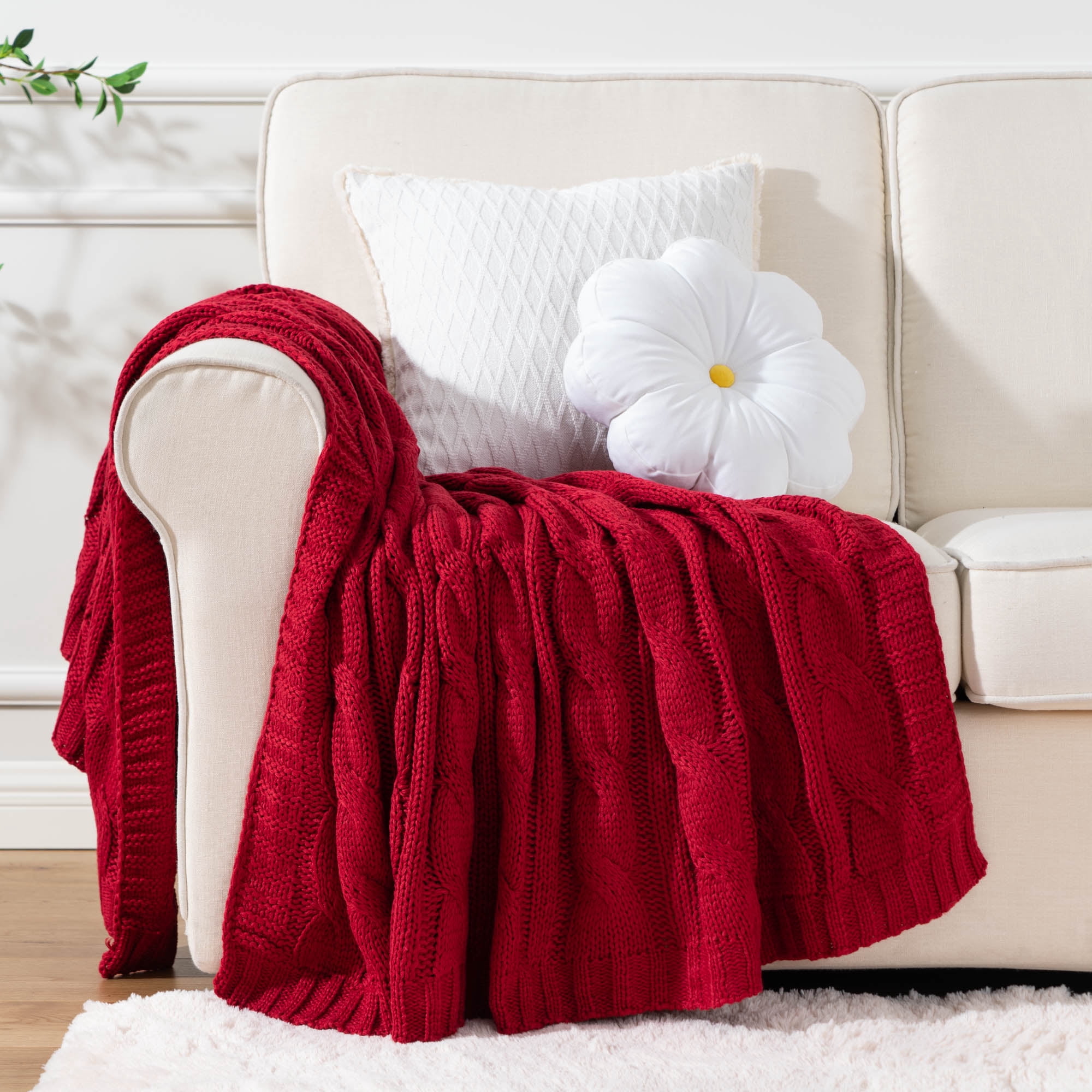 Burgundy Cable Knit Blanket for Sofa,Decorative Red Knitted Throw Blanket for Christmas Decor,50"x60"