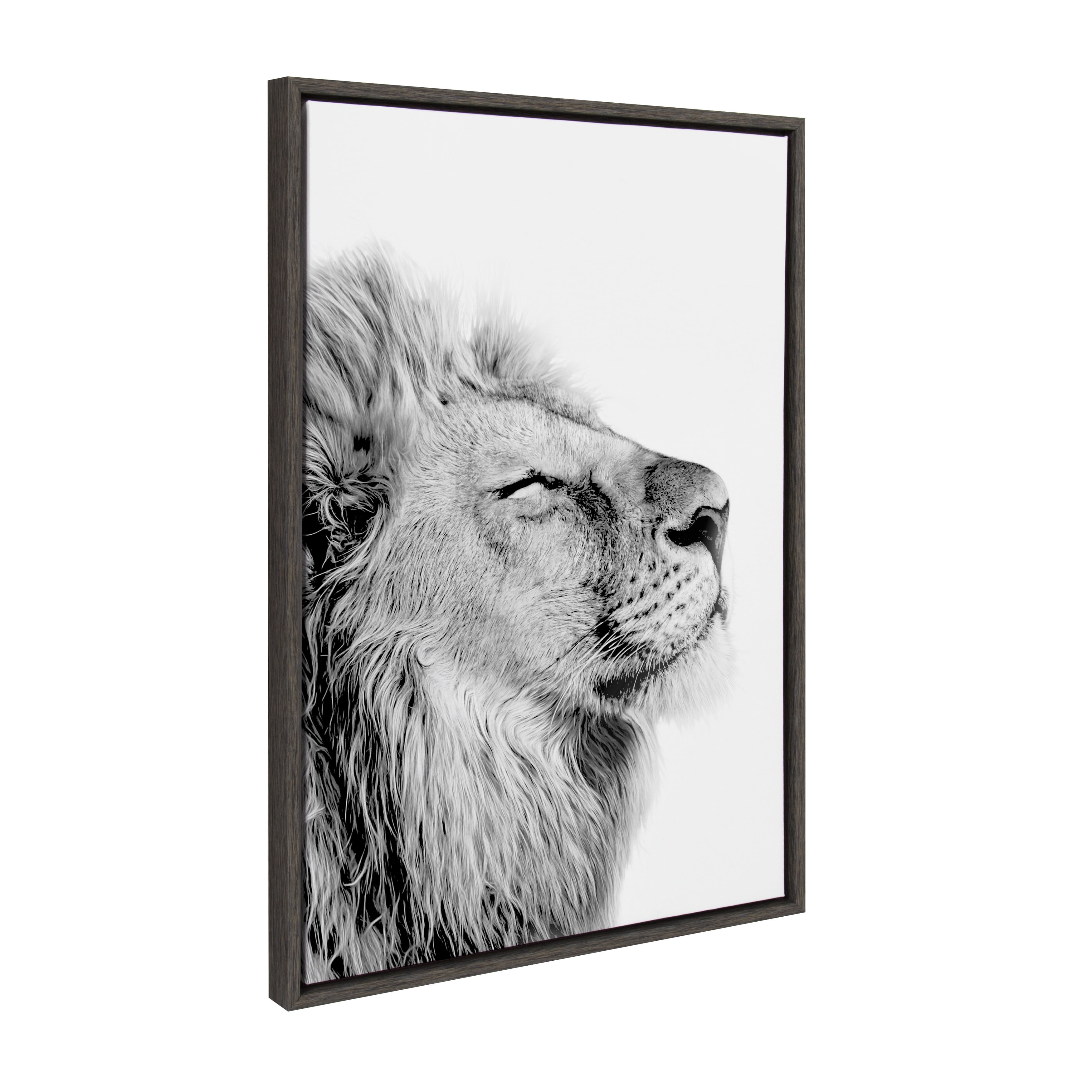 Kate and Laurel Sylvie Self Actualizing Lion Print Black and White Portrait Framed Canvas Wall Art by Amy Peterson, 23x33 Dark Grey