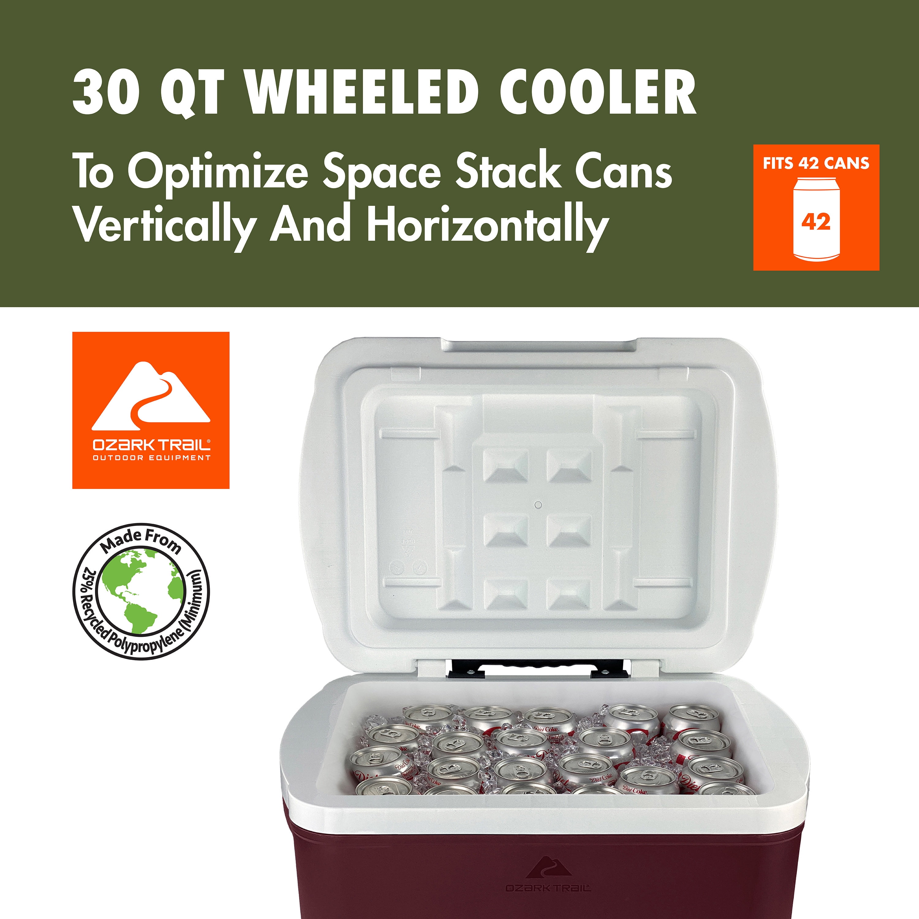 Ozark Trail 30 Quart Capacity Hard Side Wheeled Cooler, 42-Can, Maroon