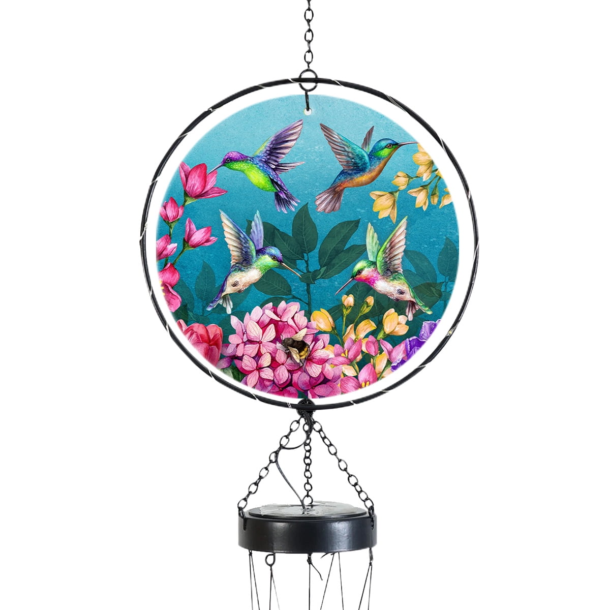 Briarwood Lane Spring LED Illuminated Solar Powered Glass Suncatcher  Wind Chime 37x8 Springtime Hummingbirds For Spring Wind Chime For Outdoors Melodic Metal Windchimes Wind-Chimes