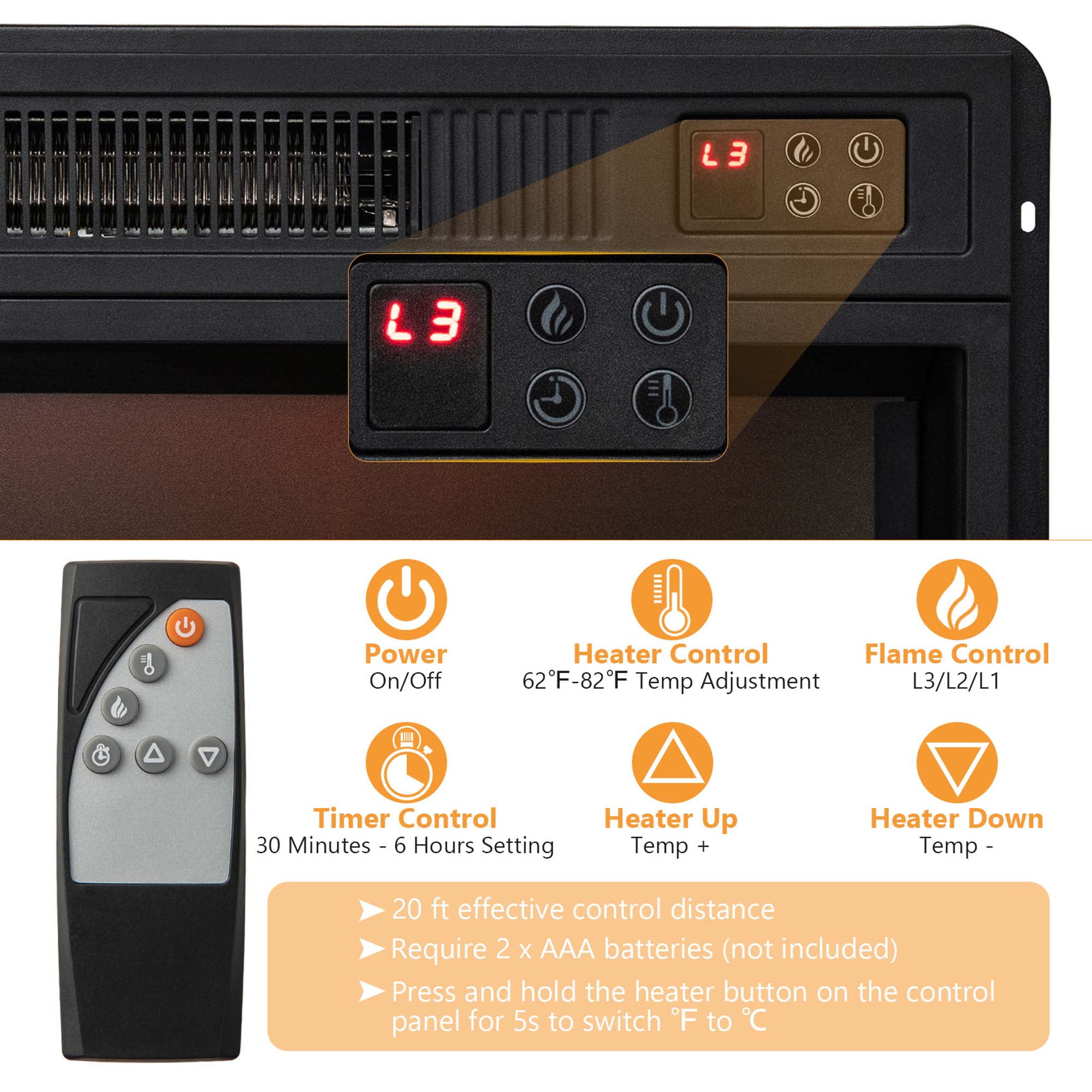 Costway 58'' Fireplace TV Stand W/ 1400W Electric Fireplace for TVs up to 65 Inches Black
