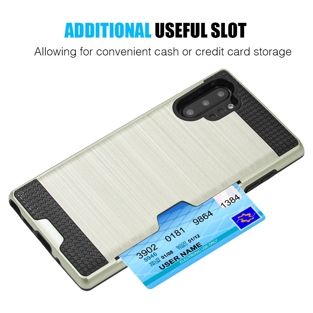 Rugged Hybrid Case Designed for Galaxy Note 10+/10+ 5G (2019) With Credit Card Slot And Rotating Ring Holder (Gold)