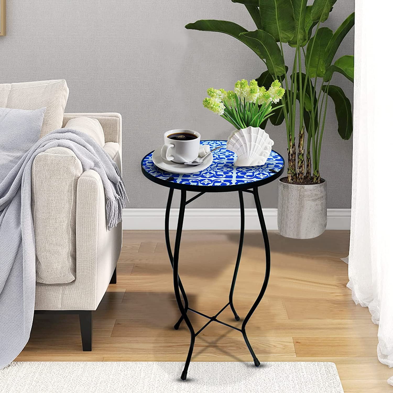 Aboxoo Mosaic Collection Outdoor Modern Functional Art Glass Round End Table, Purple White