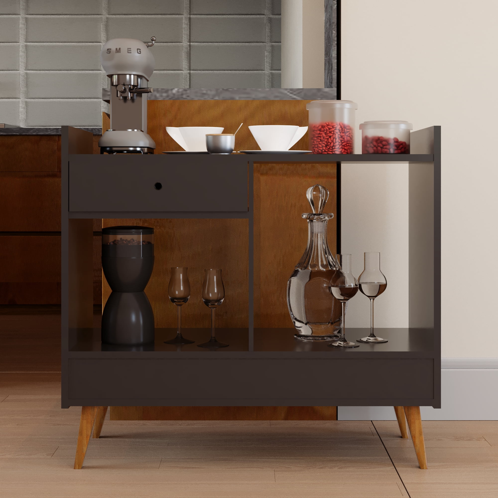 Ember Interiors Oxford Black Modern Bar Cabinet with Wine Storage, Drawer & Open Shelves – Compact Design for Living Room or Kitchen