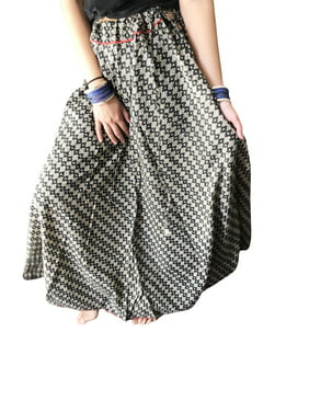 Women Maxi Skirt, Black Beige Printed Floral Comfy Skirt, Summer Bohemian Free Spirit Long Skirts S/M