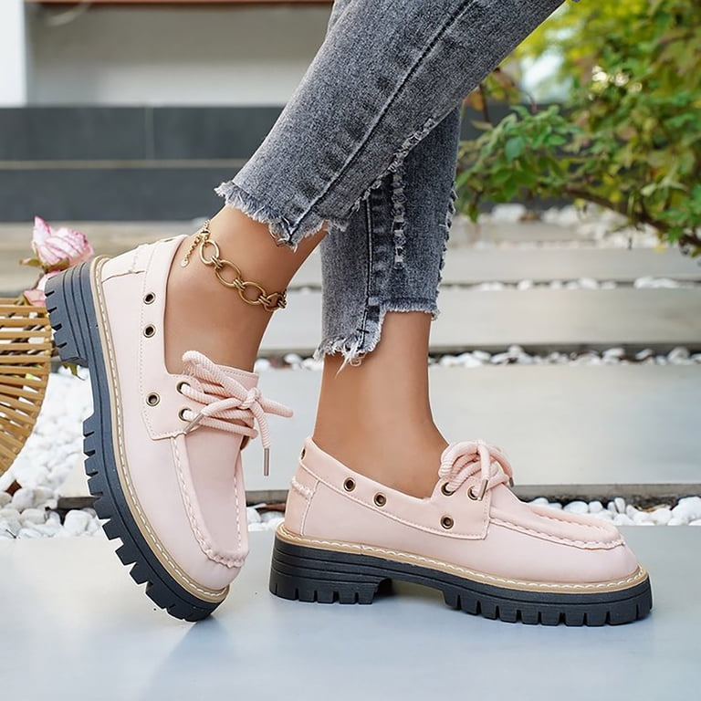 pink slip on dress shoes Pandaie Women's Lace up Loafers Comfortable Chunky Slip on Dress Shoes  Platform Lug Sole Office Business Work Oxfords Shoes Pink 7.5