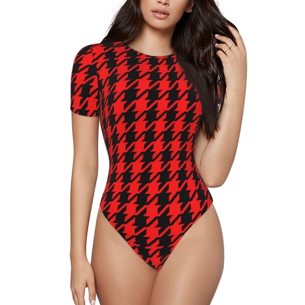 Balery Retro red and Black Houndstooth Body de cuello redondo de manga corta para mujer Tops de manga corta Tops básicos-XX-Large